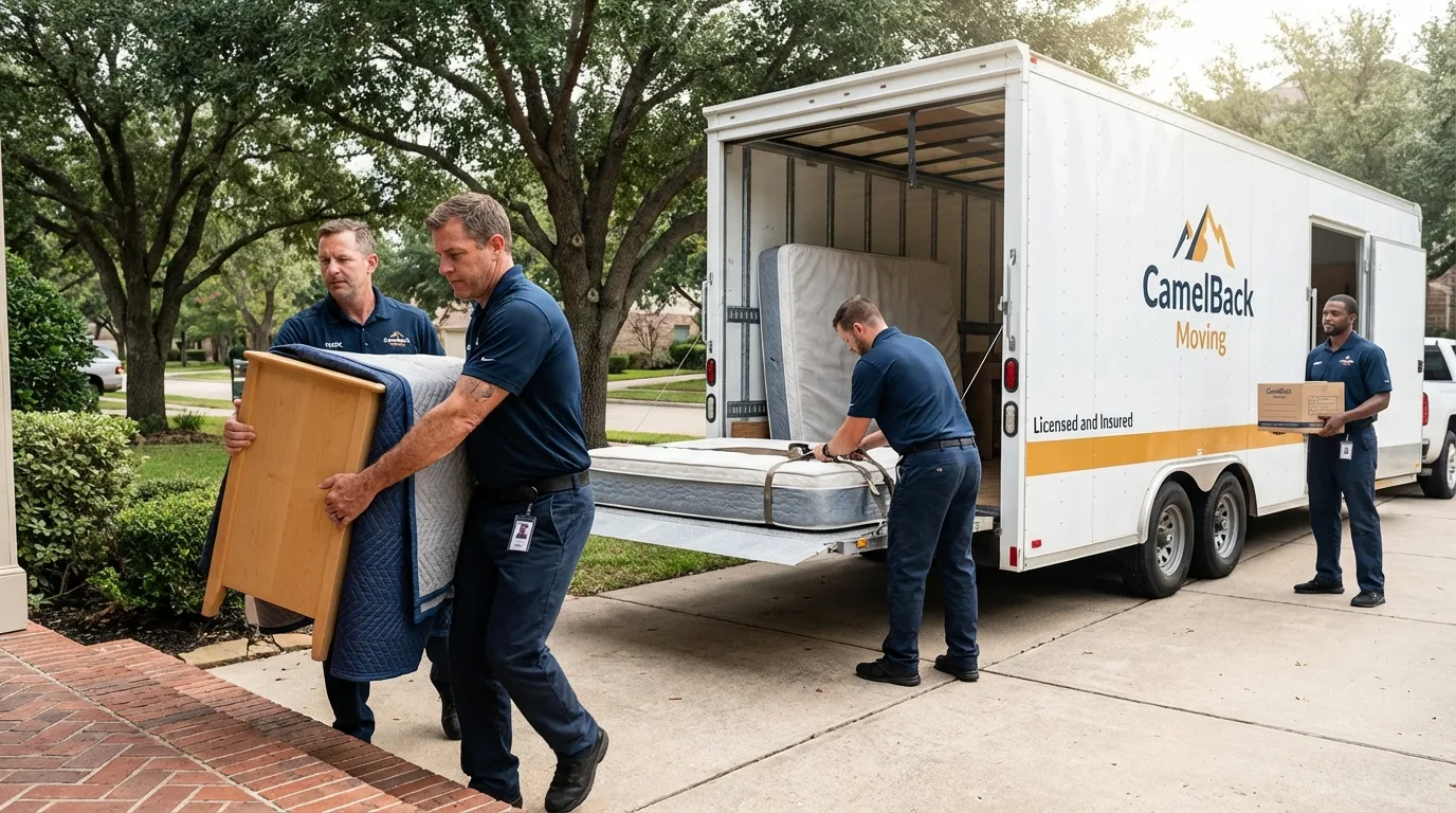 Crew loading residential truck for cross-state move from Hugo, OK