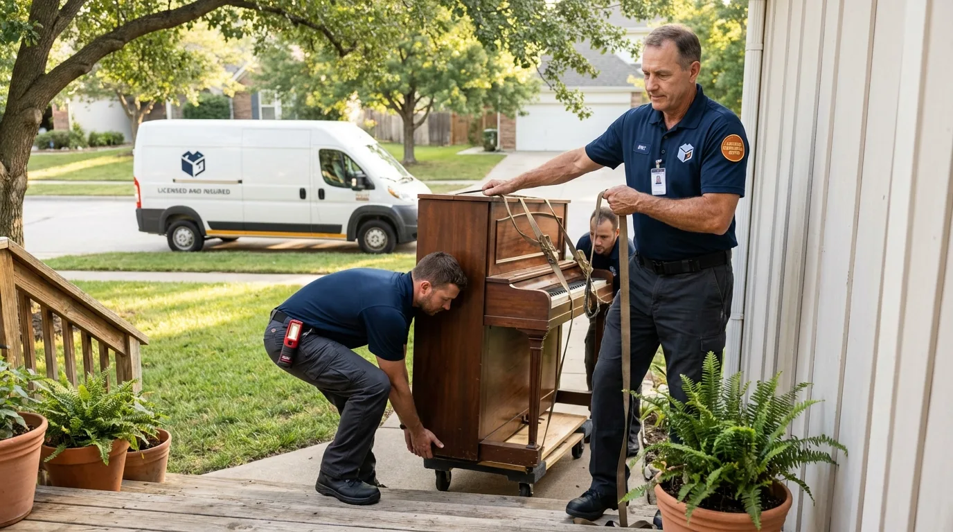 Licensed piano movers securing grand piano in Hugo, OK
