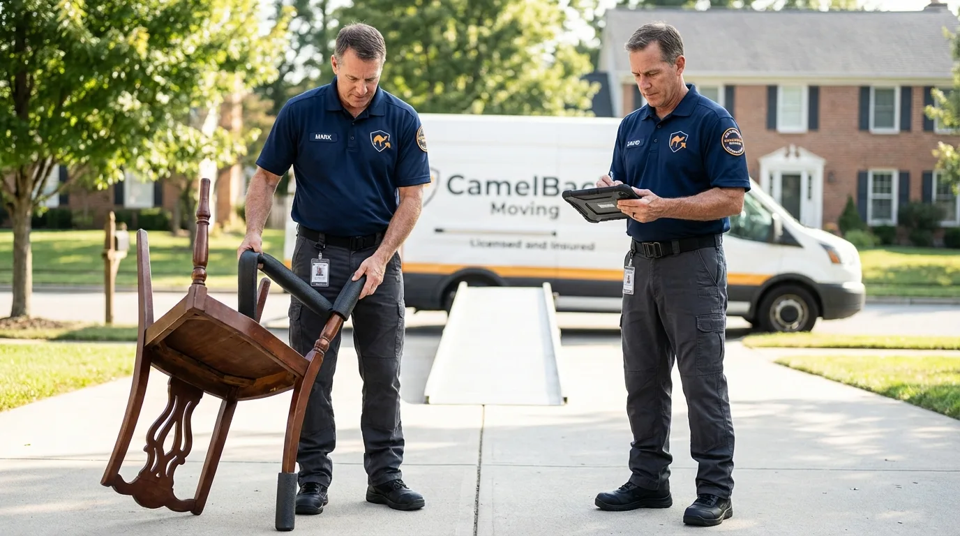 Movers inspecting furniture for damage prevention before loading in Hugo, OK