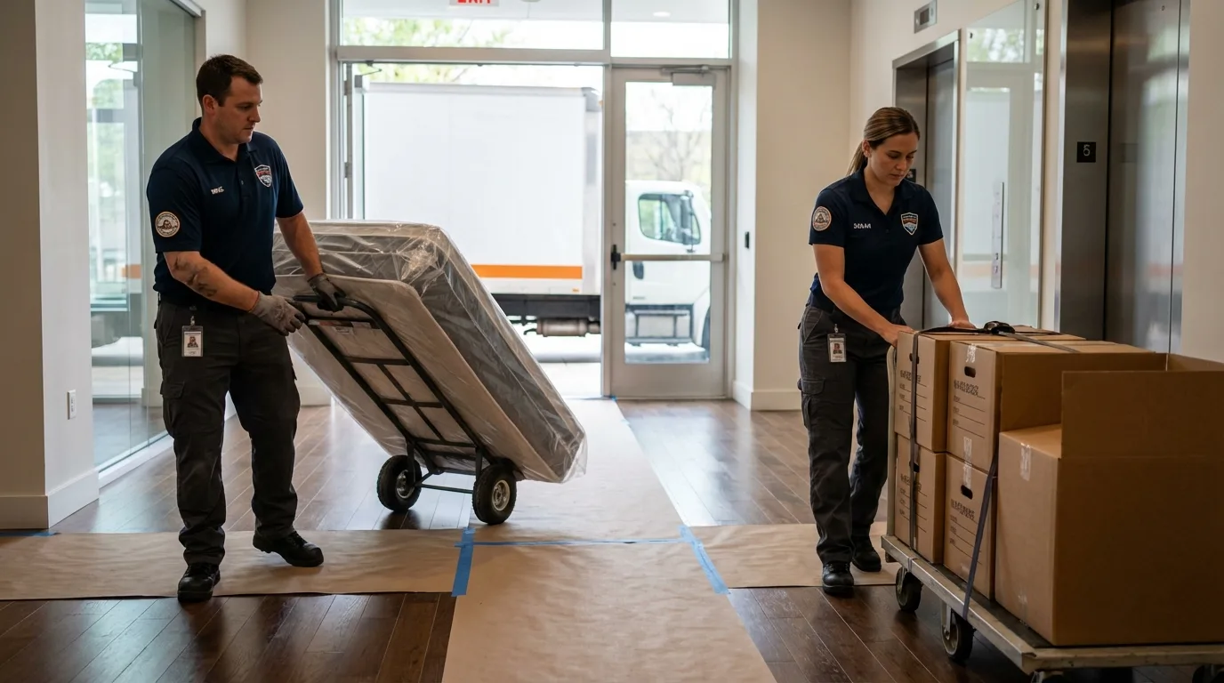 Professional apartment movers loading elevator in Hugo, OK