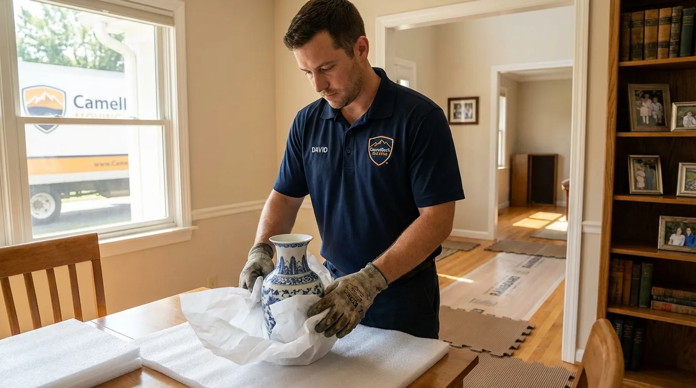 Professional crew carefully wrapping antique vase for senior downsizing move in Hugo, OK